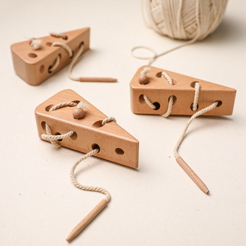 Wooden Cheese Stringing Toy for Children - DIY Threading Monterssori Toy