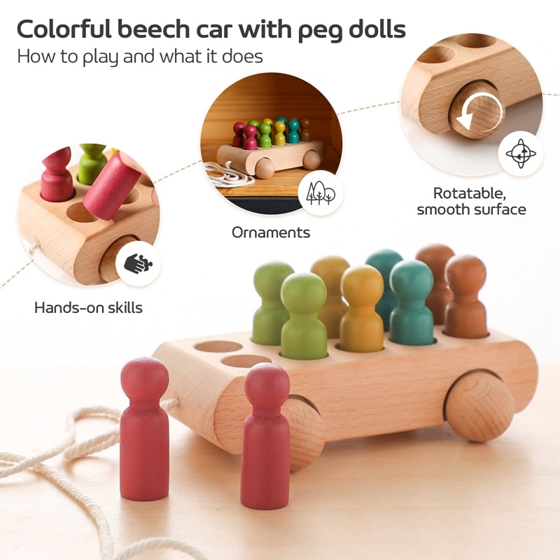 Wooden Drawstring Trolley Toy - Infant Cognitive Toys - Colorful Beech Car - Color Cognition Toy