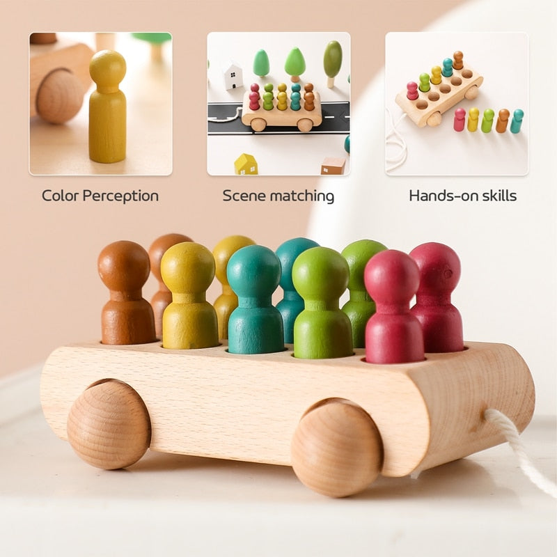 Wooden Drawstring Trolley Toy - Infant Cognitive Toys - Colorful Beech Car - Color Cognition Toy