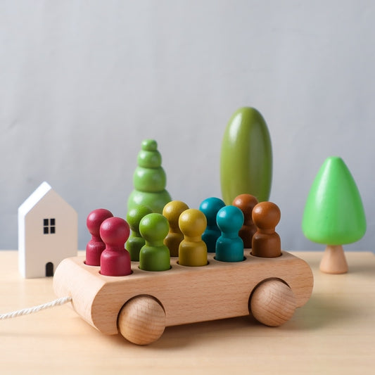 Wooden Drawstring Trolley Toy - Infant Cognitive Toys - Colorful Beech Car - Color Cognition Toy