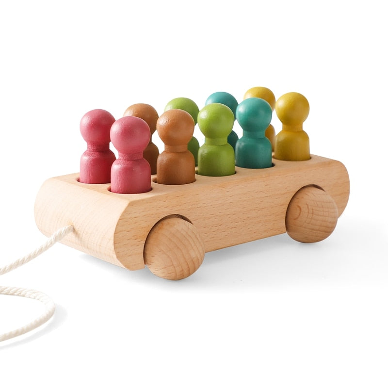 Wooden Drawstring Trolley Toy - Infant Cognitive Toys - Colorful Beech Car - Color Cognition Toy